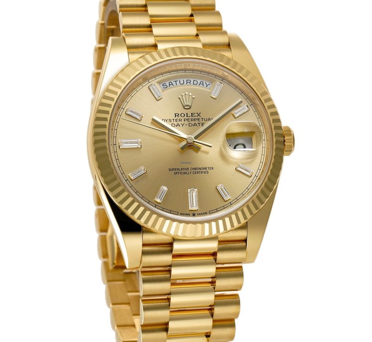 Rolex Day-date 40 40mm 18k Yellow Gold President Champagne Baguette Diamond Dial