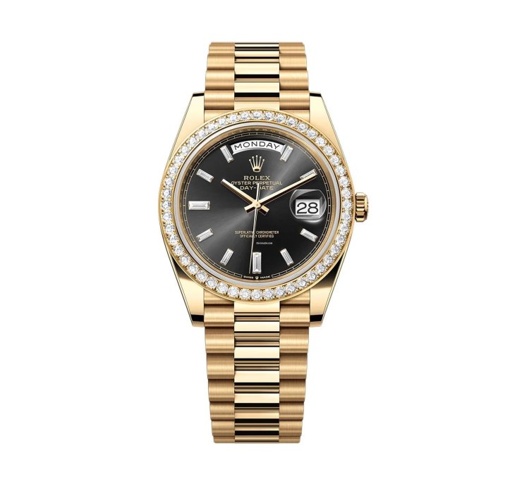 Rolex Day-date 40 40mm 18k Yellow Gold President Diamond Bezel Black Baguette Diamond Dial