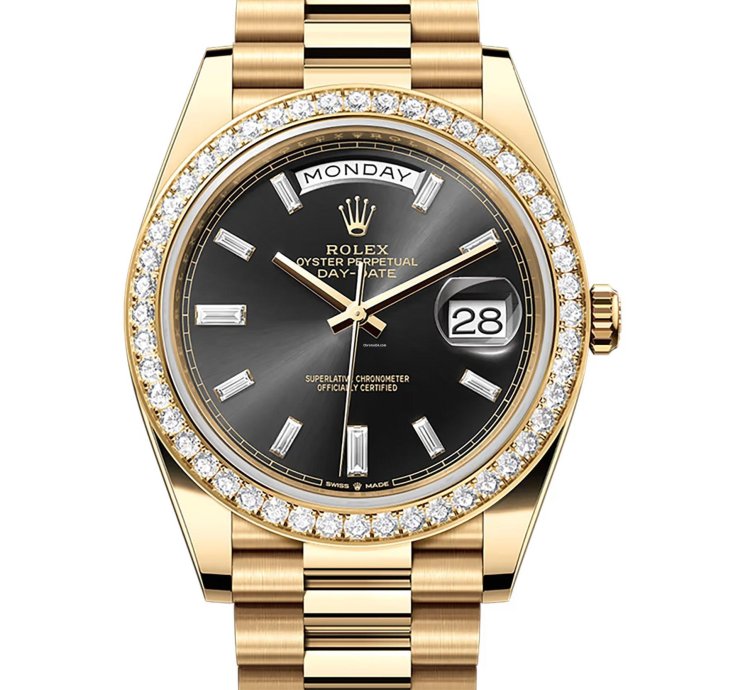 Rolex Day-date 40 40mm 18k Yellow Gold President Diamond Bezel Black Baguette Diamond Dial