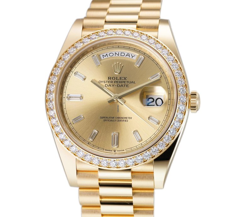 Rolex Day-date 40 40mm 18k Yellow Gold President Diamond Bezel Champagne Baguette Diamond Dial