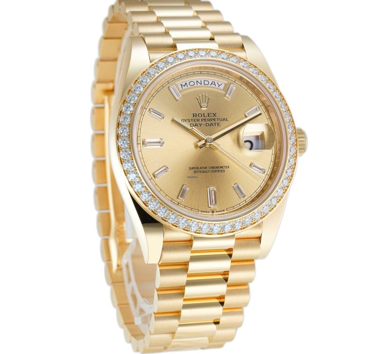Rolex Day-date 40 40mm 18k Yellow Gold President Diamond Bezel Champagne Baguette Diamond Dial