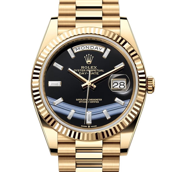 Rolex Day-date 40 40mm 18k Yellow Gold President Onyx Baguette Diamond Dial
