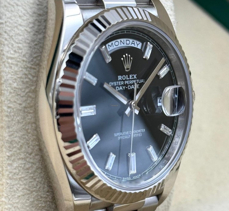 Rolex Day-date 40 40mm Black Baguette Dial White Gold Bracelet 228239 Unworn 2023
