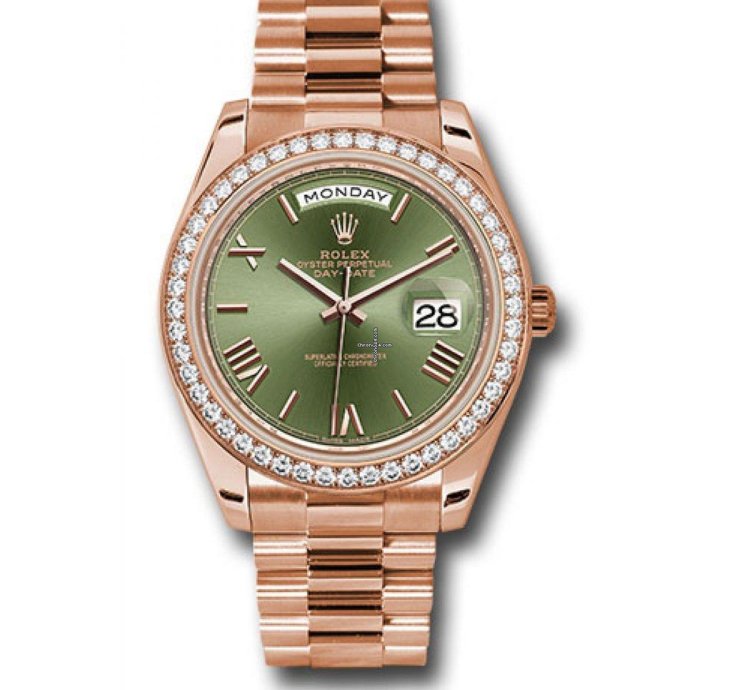 Rolex Day-date 40 40mm Diamond Bezel Rose Gold Olive Green Roman Dial 228345