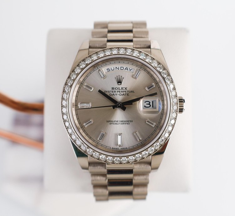 Rolex Day-date 40 40mm Diamond Bezel White Gold Silver Baguette Diamond Dial Presidential 228349rbr