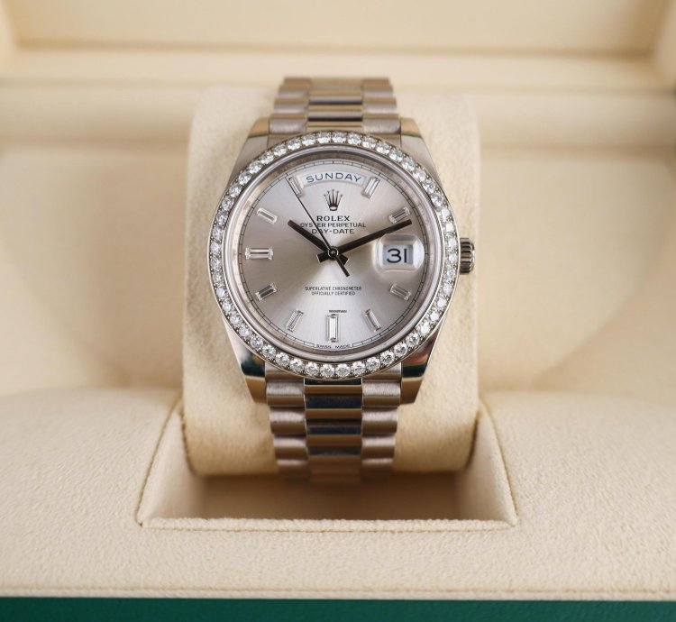 Rolex Day-date 40 40mm Diamond Bezel White Gold Silver Baguette Diamond Dial Presidential 228349rbr