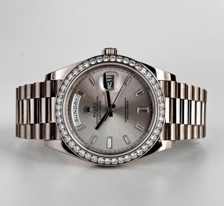 Rolex Day-date 40 40mm Diamond Bezel White Gold Silver Baguette Diamond Dial Presidential 228349rbr