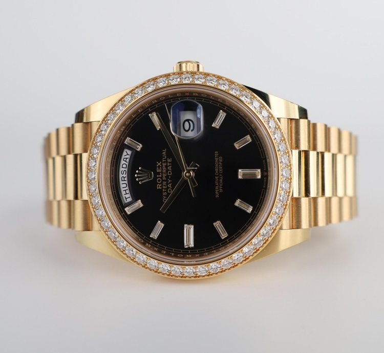 Rolex Day-date 40 40mm Diamond Bezel Yellow Gold Black Baguette Diamond Dial Presidential 228348