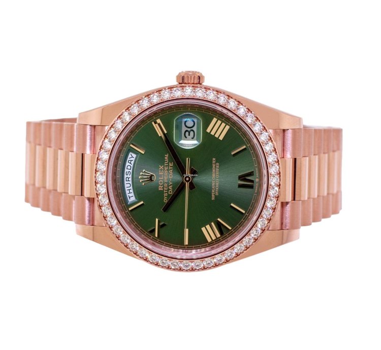 Rolex Day-date 40 40mm Everose Gold Olive Green Roman Dial Diamond Bezel 228345