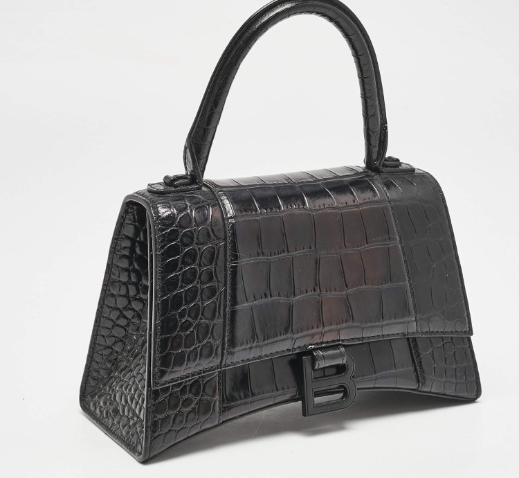 Balenciaga Black Croc Embossed Leather Small Hourglass Top Handle Bag