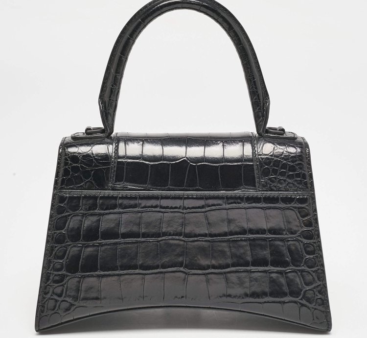 Balenciaga Black Croc Embossed Leather Small Hourglass Top Handle Bag