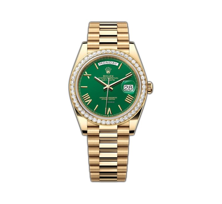 Rolex Day-date 40 40mm Green Roman Dial Diamond Bezel 18k Yellow Gold Bracelet