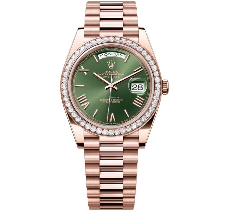 Rolex Day-date 40 40mm Green Roman Dial President 228345rbr-0011 Rose Gold Watch Diamond Set On Bezel 2024