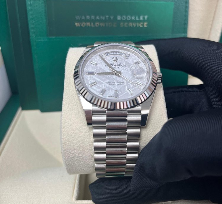 Rolex Day-date 40 40mm Meteorite Baguette Dial White Gold Fluted Bezel 228239