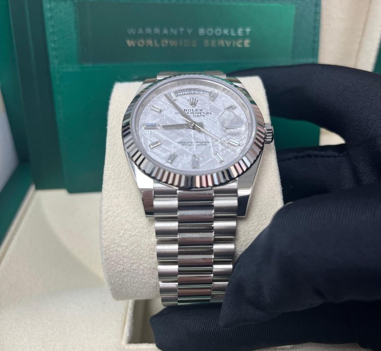 Rolex Day-date 40 40mm Meteorite Baguette Dial White Gold Fluted Bezel 228239