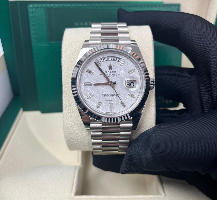 Rolex Day-date 40 40mm Meteorite Baguette Dial White Gold Fluted Bezel 228239