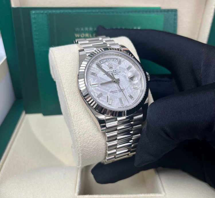 Rolex Day-date 40 40mm Meteorite Baguette Dial White Gold Fluted Bezel 228239