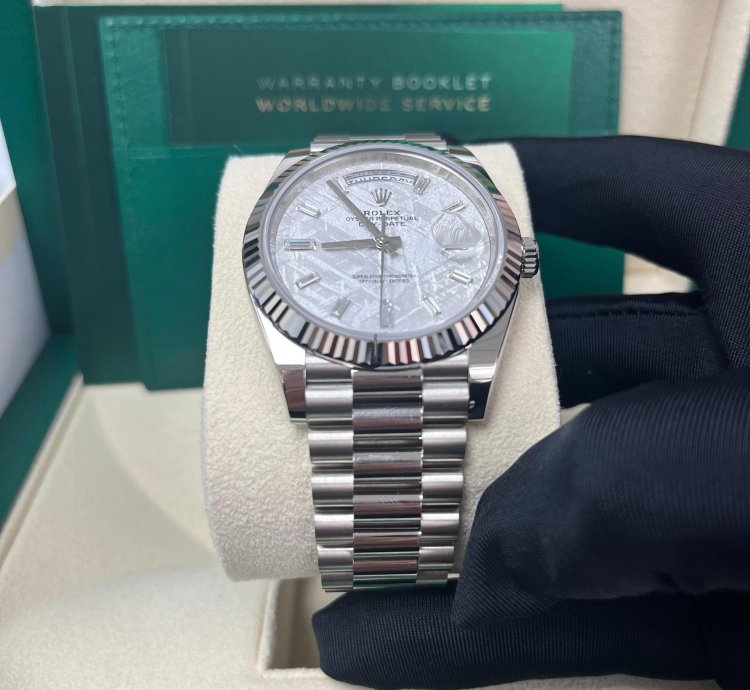 Rolex Day-date 40 40mm Meteorite Baguette Dial White Gold Fluted Bezel 228239