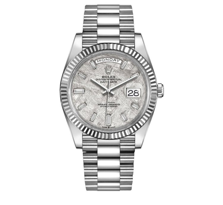 Rolex Day-date 40 40mm Meteorite Baguette Dial White Gold Fluted Bezel 228239