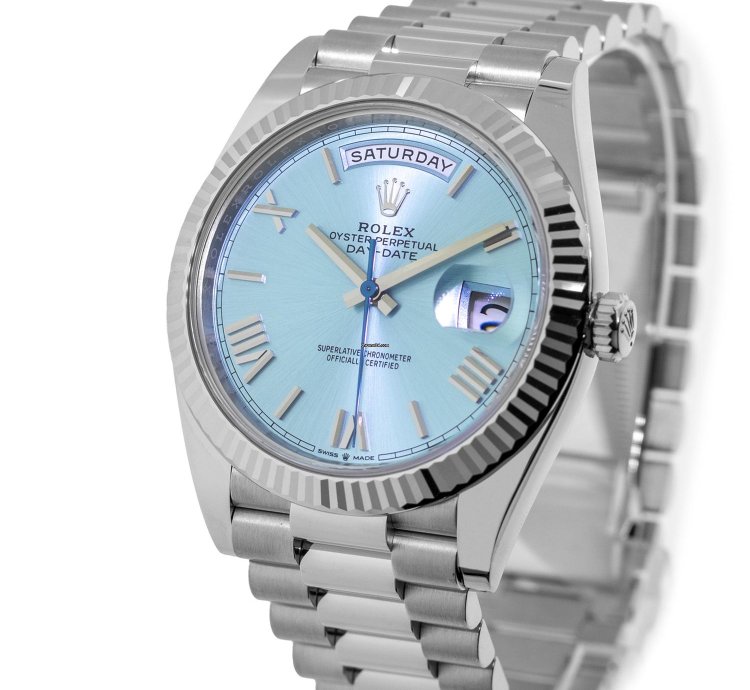 Rolex Day-date 40 40mm Platinum Ice Blue Roman Dial Fluted Bezel 228236