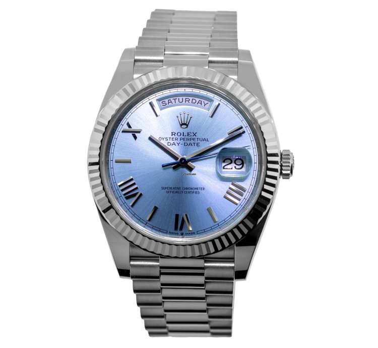 Rolex Day-date 40 40mm Platinum Ice Blue Roman Dial Fluted Bezel 228236