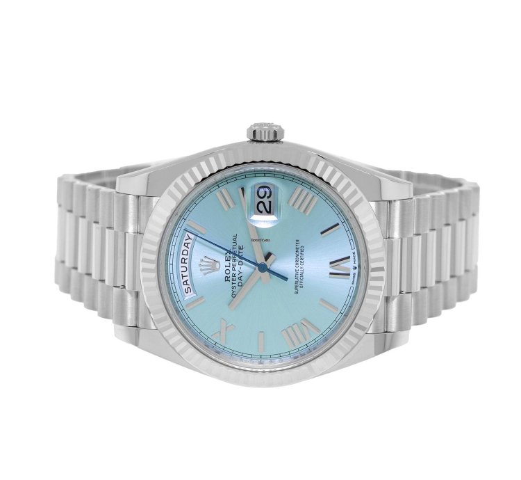 Rolex Day-date 40 40mm Platinum Ice Blue Roman Dial Fluted Bezel 228236