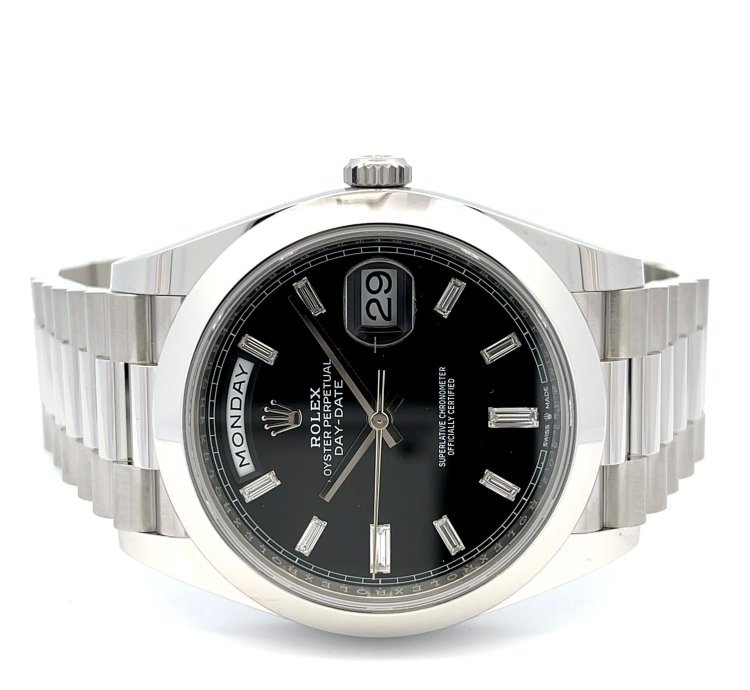 Rolex Day-date 40 40mm Platinum President Black Baguette Diamond Dial