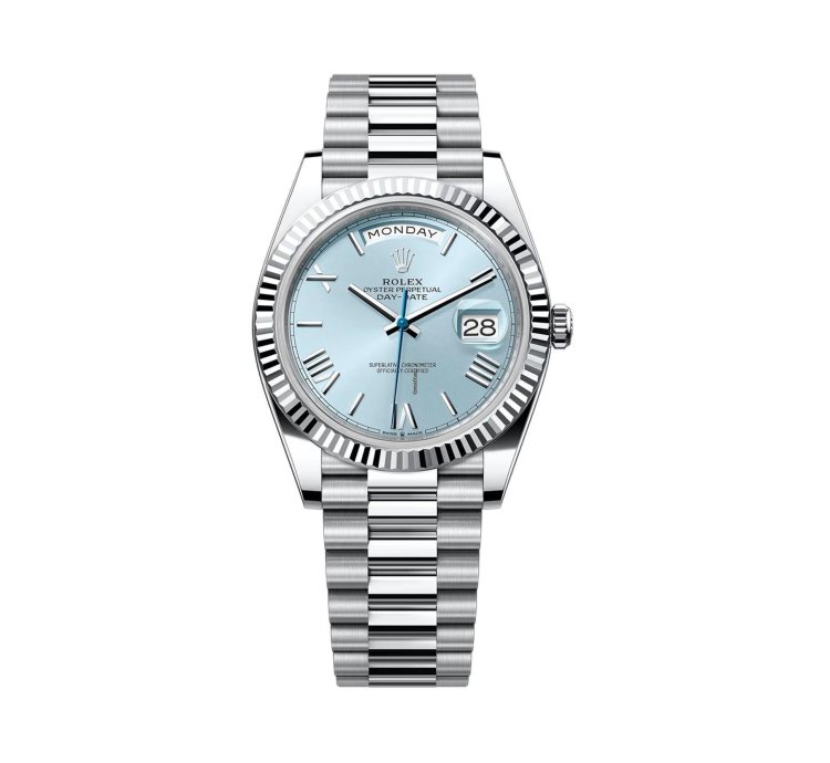 Rolex Day-date 40 40mm Platinum President Fluted Bezel Ice Blue Roman Dial