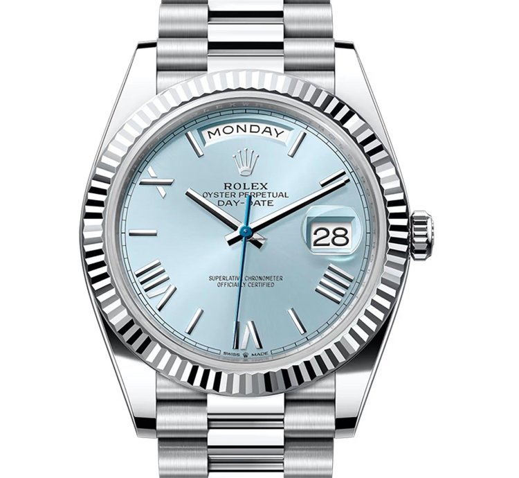Rolex Day-date 40 40mm Platinum President Fluted Bezel Ice Blue Roman Dial