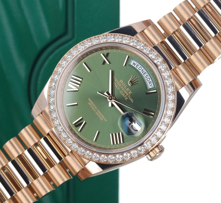 Rolex Day-date 40 40mm President 18k Rose Gold Diamond Anniversary Olive Green Roman Rare 228345rbr