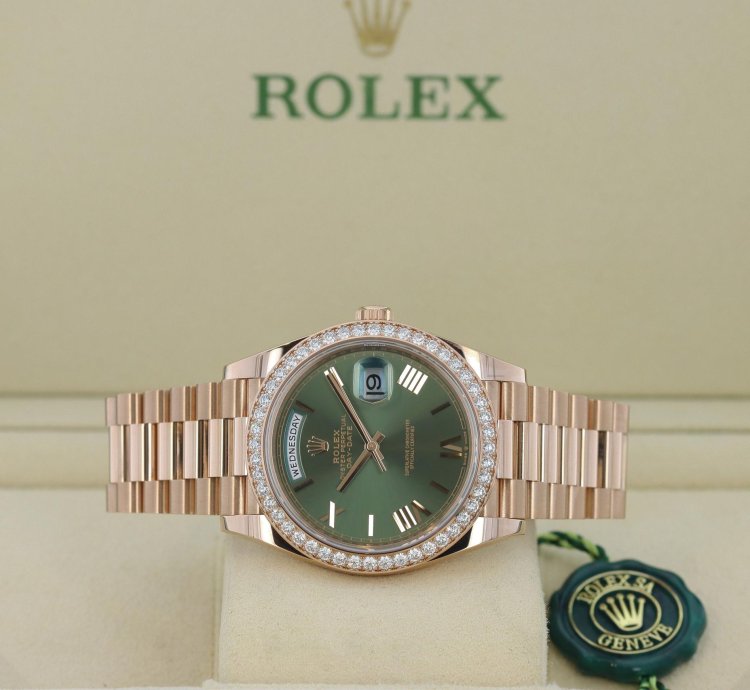 Rolex Day-date 40 40mm President 18k Rose Gold Diamond Anniversary Olive Green Roman Rare 228345rbr