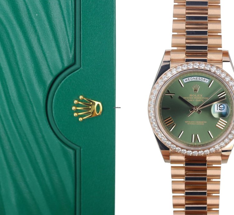 Rolex Day-date 40 40mm President 18k Rose Gold Diamond Anniversary Olive Green Roman Rare 228345rbr