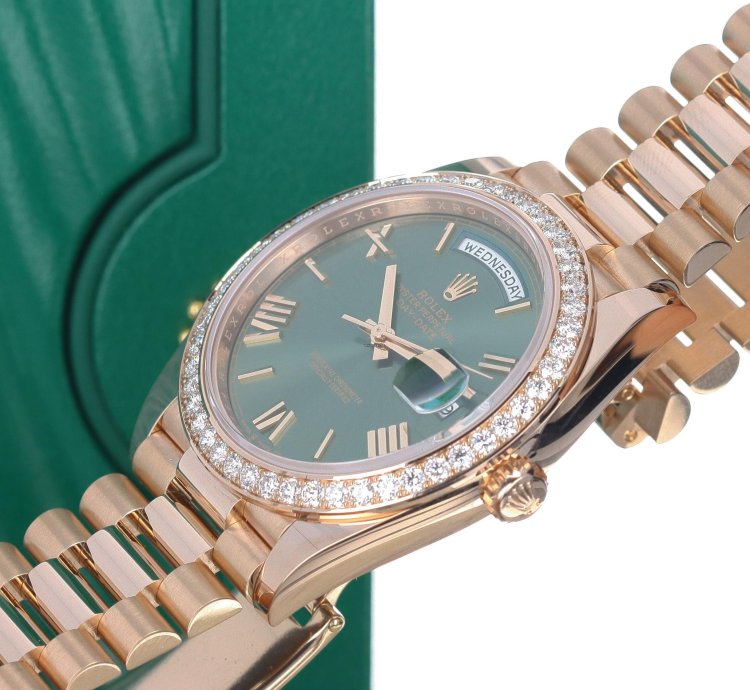 Rolex Day-date 40 40mm President 18k Rose Gold Diamond Anniversary Olive Green Roman Rare 228345rbr