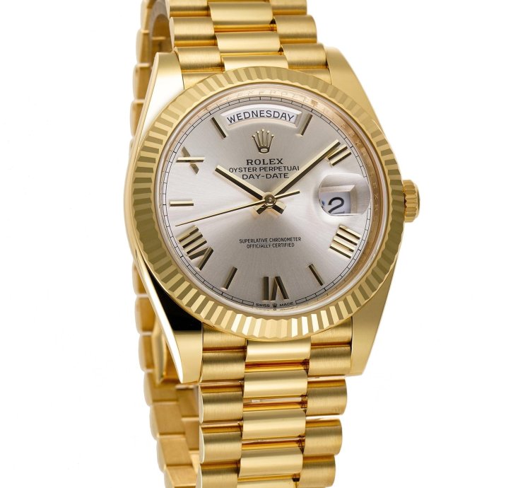 Rolex Day-date 40 40mm President 18k Yellow Gold Silver Roman Dial