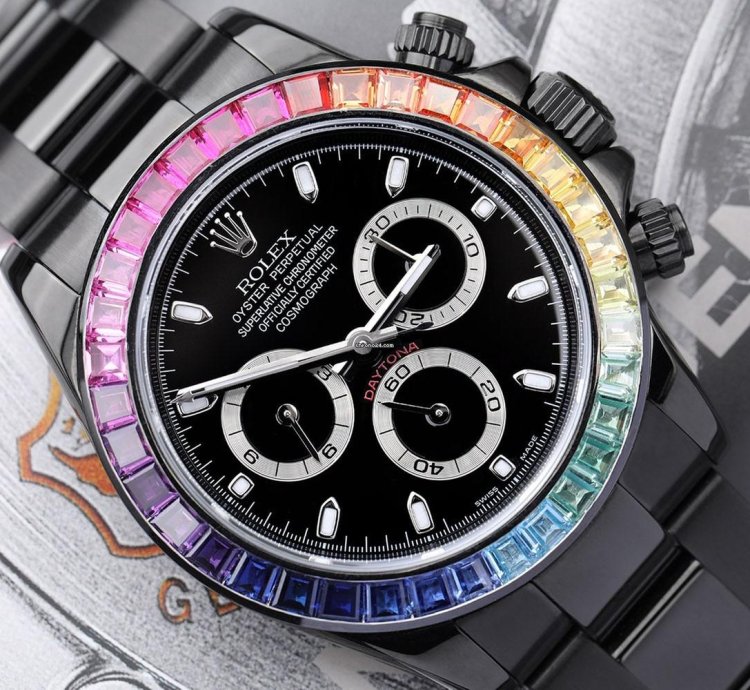 Rolex Daytona Cosmograph Daytona Black Pvd Dlc Coated Watch With Black Dial And Rainbow Bezel 116523