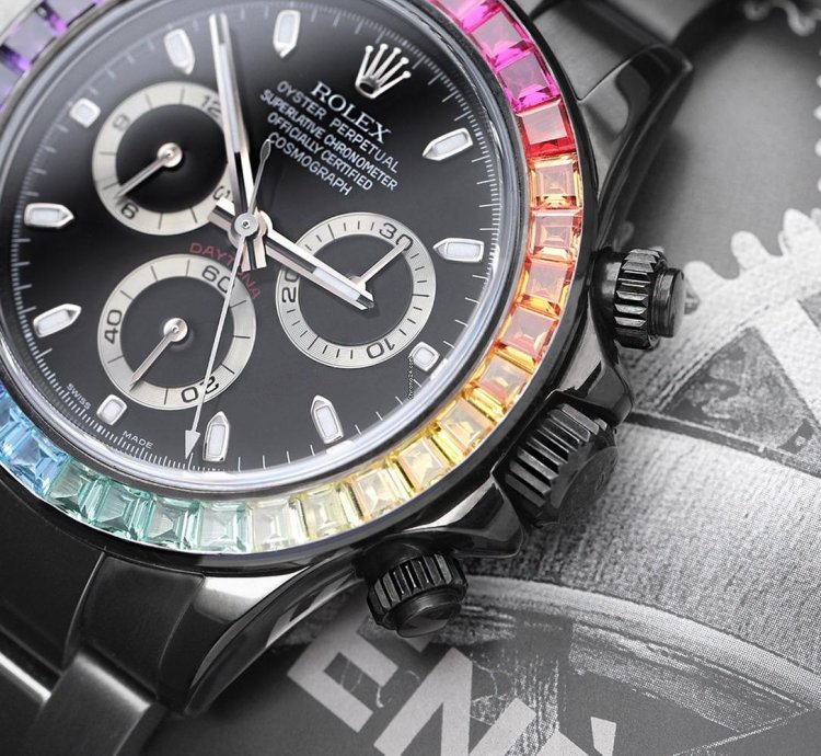 Rolex Daytona Cosmograph Daytona Black Pvd Dlc Coated Watch With Black Dial And Rainbow Bezel 116523