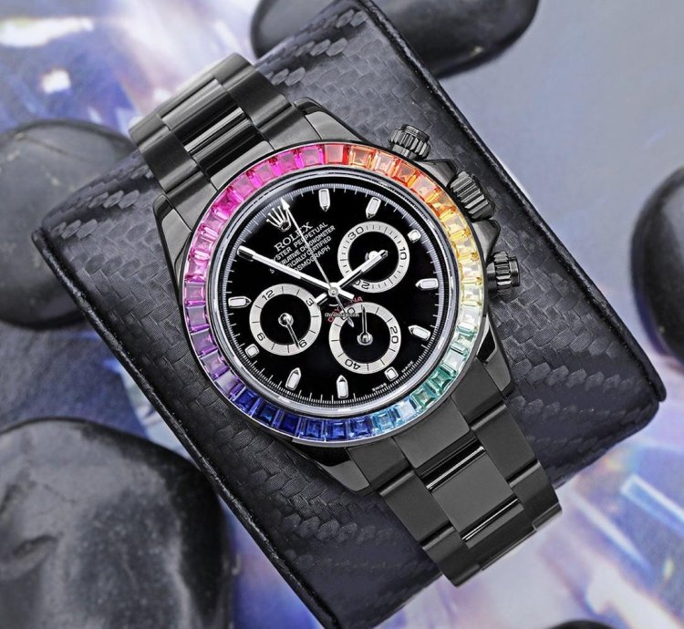 Rolex Daytona Cosmograph Daytona Black Pvd Dlc Coated Watch With Black Dial And Rainbow Bezel 116523