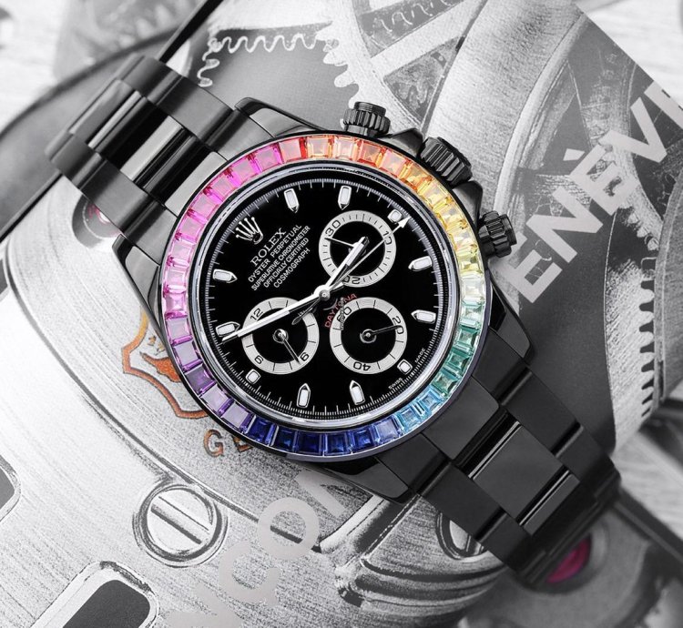 Rolex Daytona Cosmograph Daytona Black Pvd Dlc Coated Watch With Black Dial And Rainbow Bezel 116523