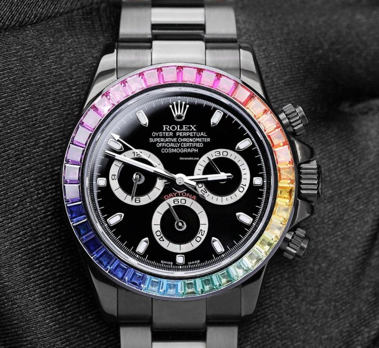 Rolex Daytona Cosmograph Daytona Black Pvd Dlc Coated Watch With Black Dial And Rainbow Bezel 116523