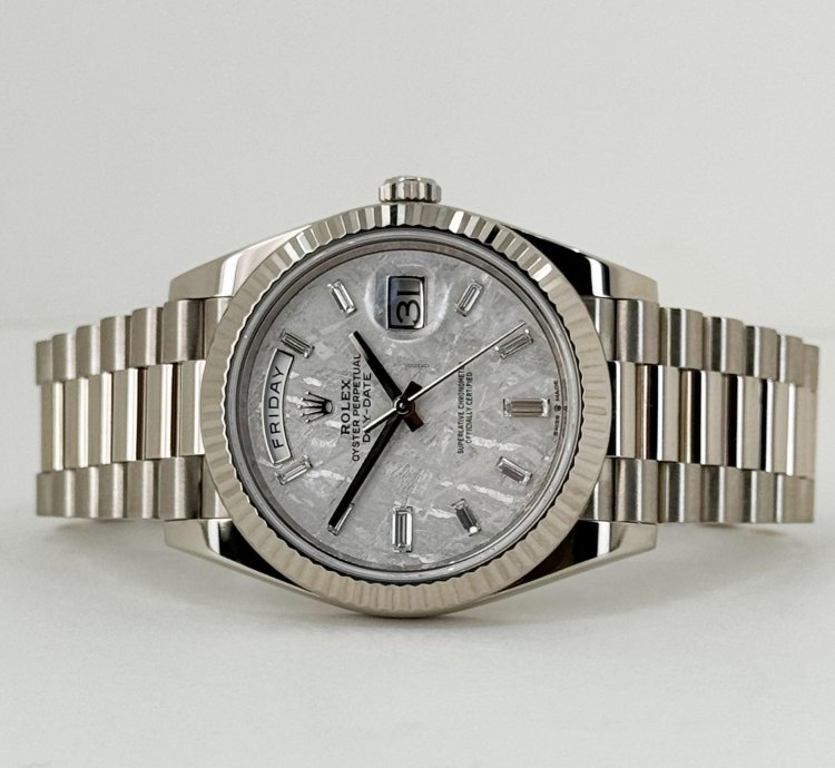 Rolex Day-date 40 40mm White Gold Fluted Bezel Meteorite Baguette Diamond Dial Presidential Band