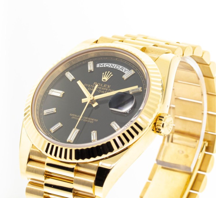 Rolex Day-date 40 40mm Yellow Gold Black Baguette Diamond Dial Fluted Bezel 228238