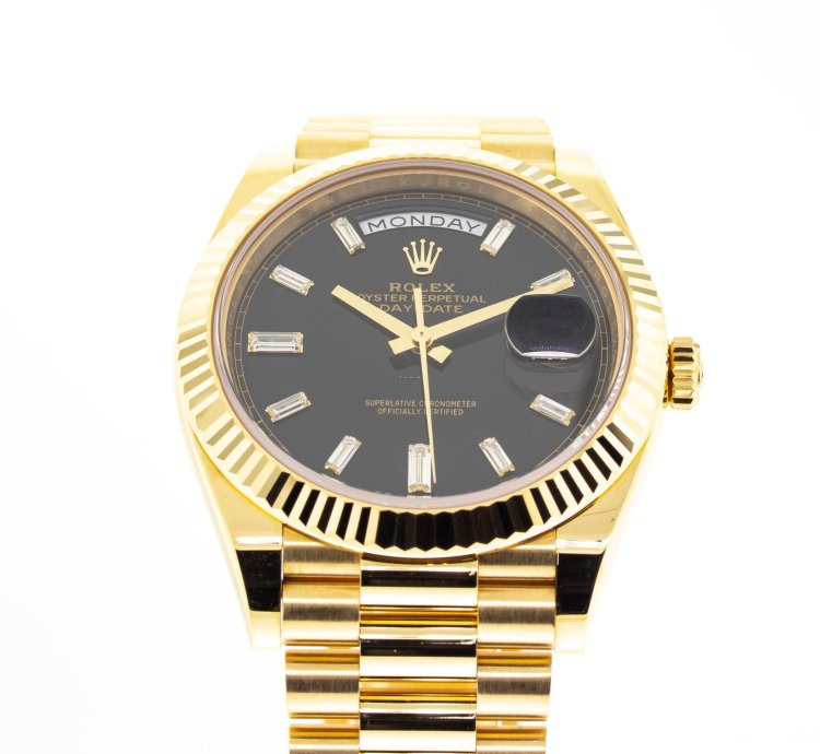 Rolex Day-date 40 40mm Yellow Gold Black Baguette Diamond Dial Fluted Bezel 228238