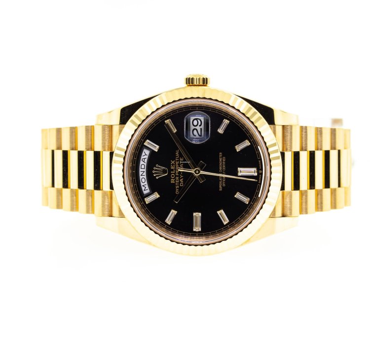 Rolex Day-date 40 40mm Yellow Gold Black Baguette Diamond Dial Fluted Bezel 228238