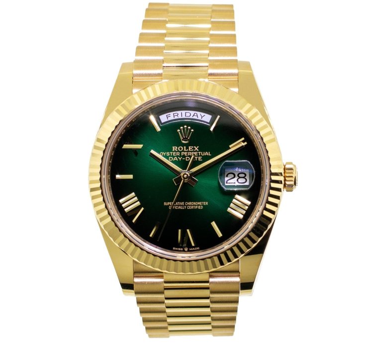 Rolex Day-date 40 40mm Yellow Gold Green Ombre Roman Dial Fluted Bezel 228238