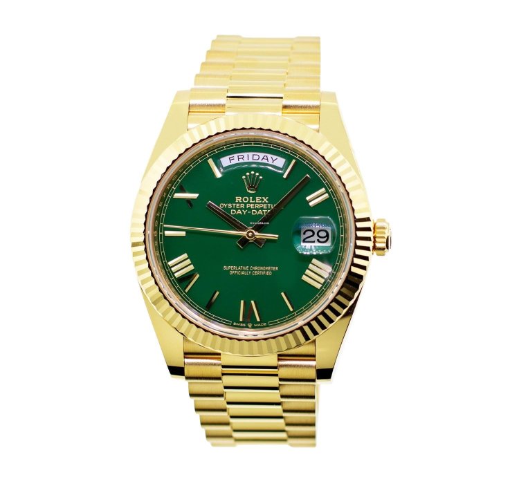 Rolex Day-date 40 40mm Yellow Gold Green Roman Dial Fluted Bezel 228238
