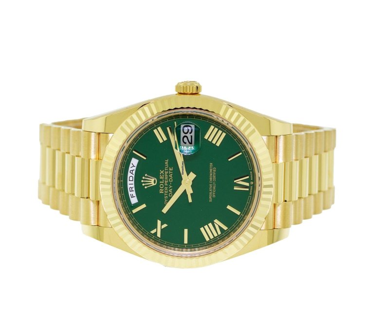 Rolex Day-date 40 40mm Yellow Gold Green Roman Dial Fluted Bezel 228238