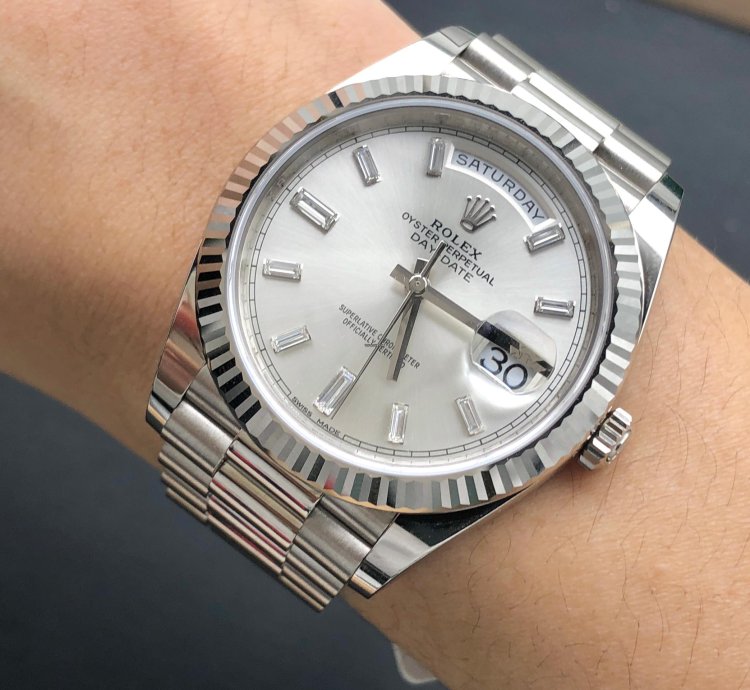 Rolex Day-date 40 Baguette Diamonds Silver Dial