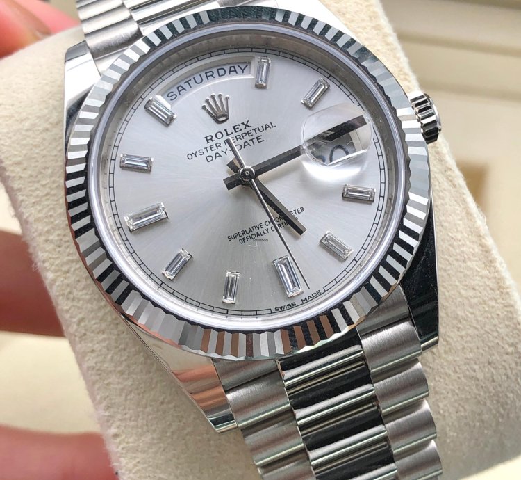 Rolex Day-date 40 Baguette Diamonds Silver Dial