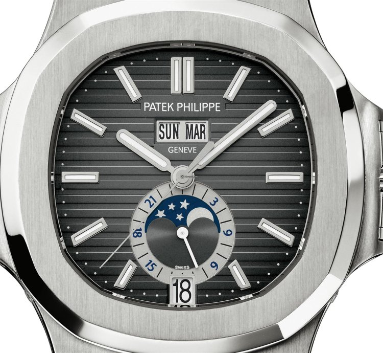 Patek Philippe Nautilus 5726a Annual Calendar Moon Phases Stainless Steel Leather Strap