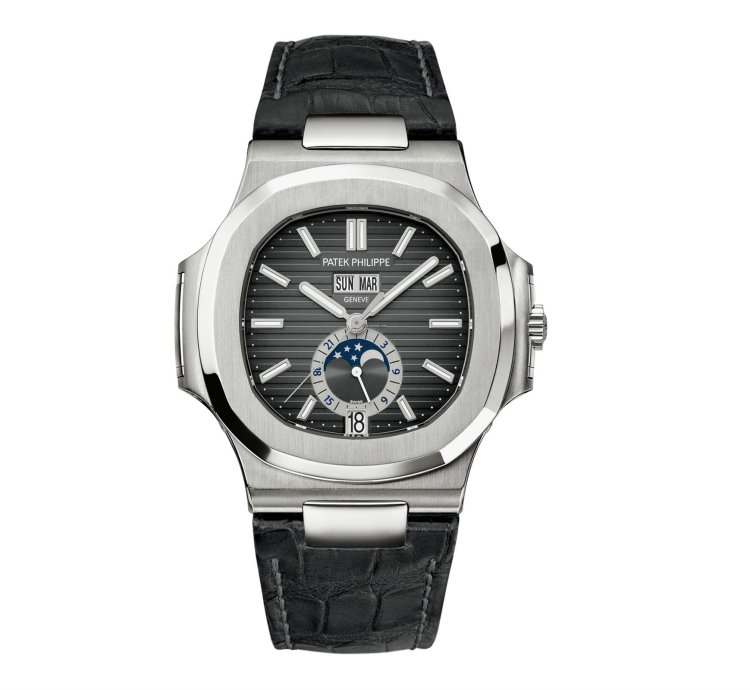 Patek Philippe Nautilus 5726a Annual Calendar Moon Phases Stainless Steel Leather Strap